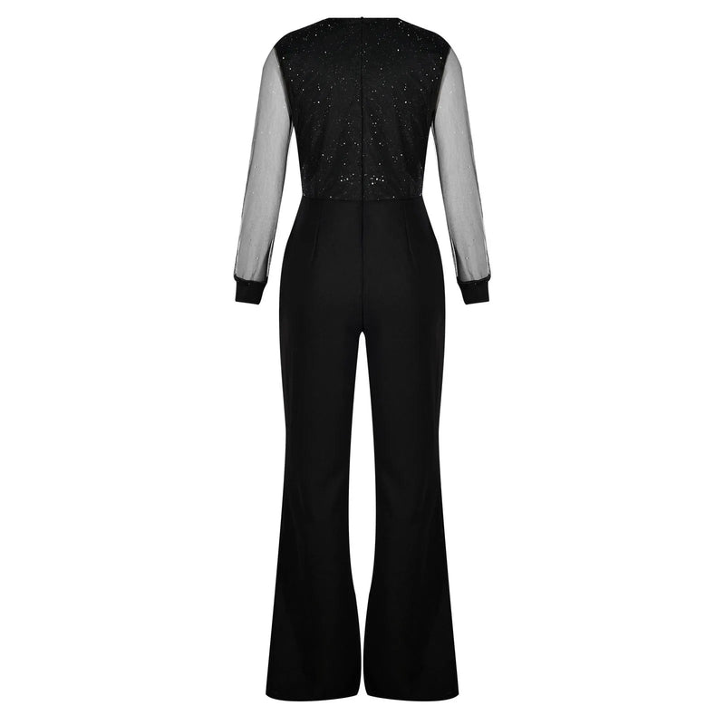 Black V-Neck Mesh Sequins Jumpsuit