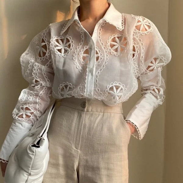 Sexy Hollow Floral Embroidery Blouse