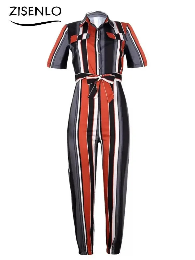 Casual Lapel Buckle Printed Belt Jumpsuit